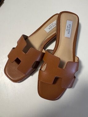 STEVEN by Steve Madden Brown Leather-Look Slide Sandals